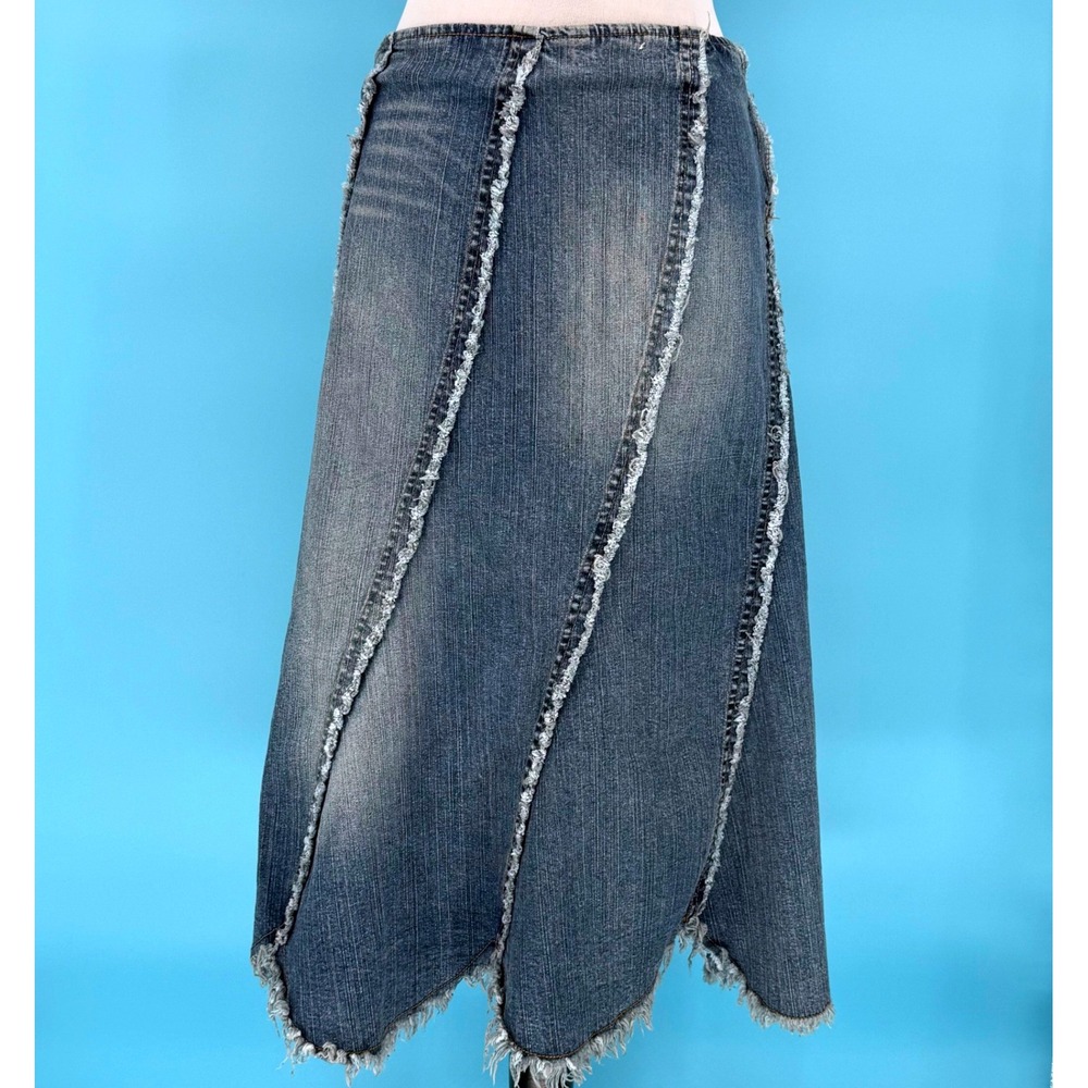 Zoey Beth Y2k Blue Denim Paneled Midi Skirt Frayed Seams Handkerchief Hem Large